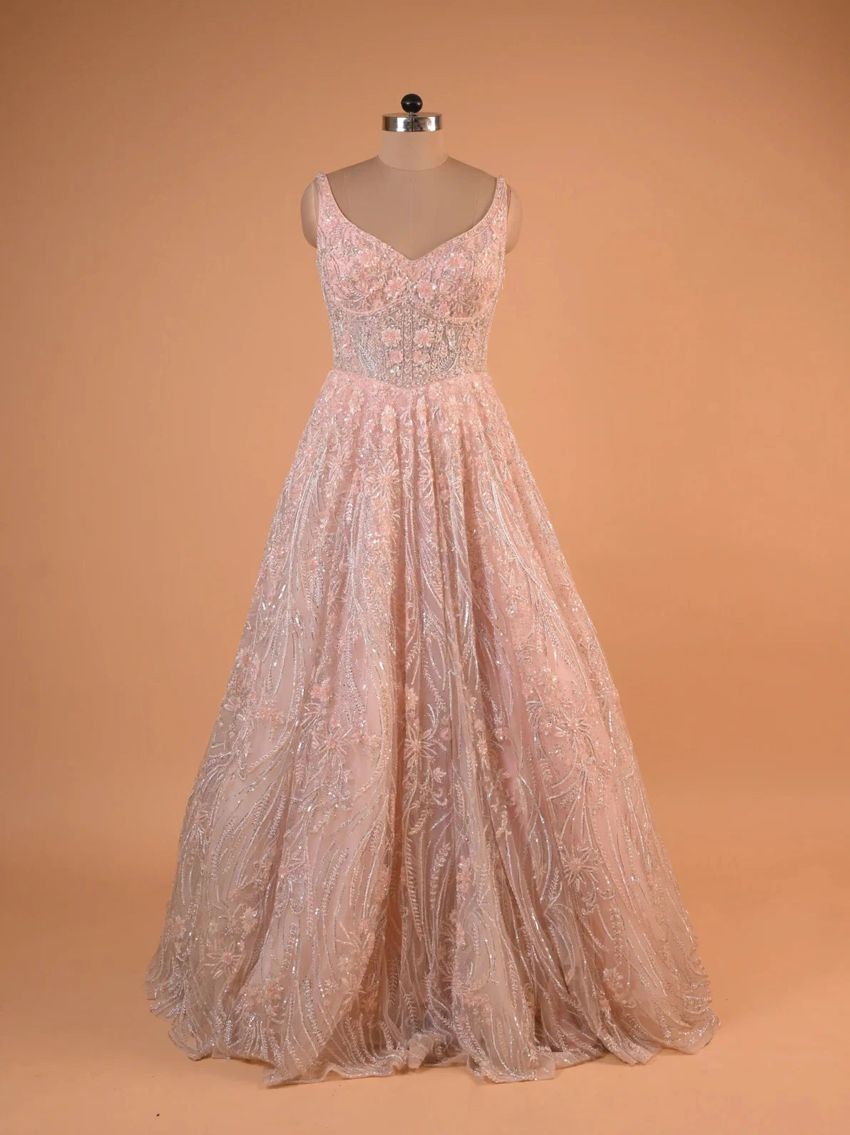 Blush Pink Sequin Embroidered A-Line Gown