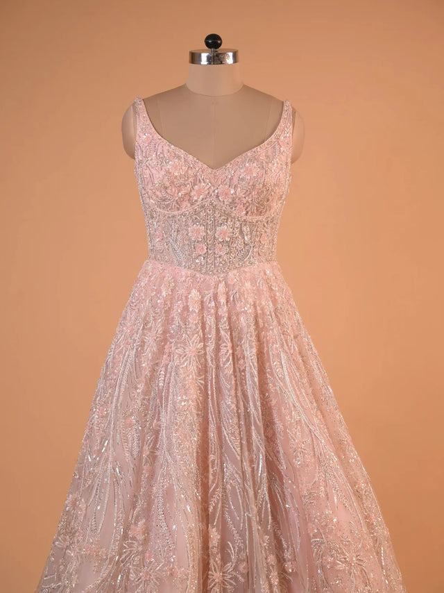 Blush Pink Sequin Embroidered A-Line Gown