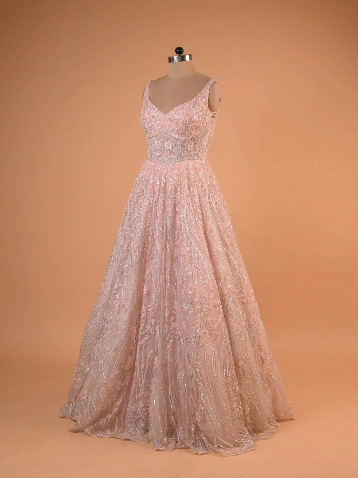 Blush Pink Sequin Embroidered A-Line Gown
