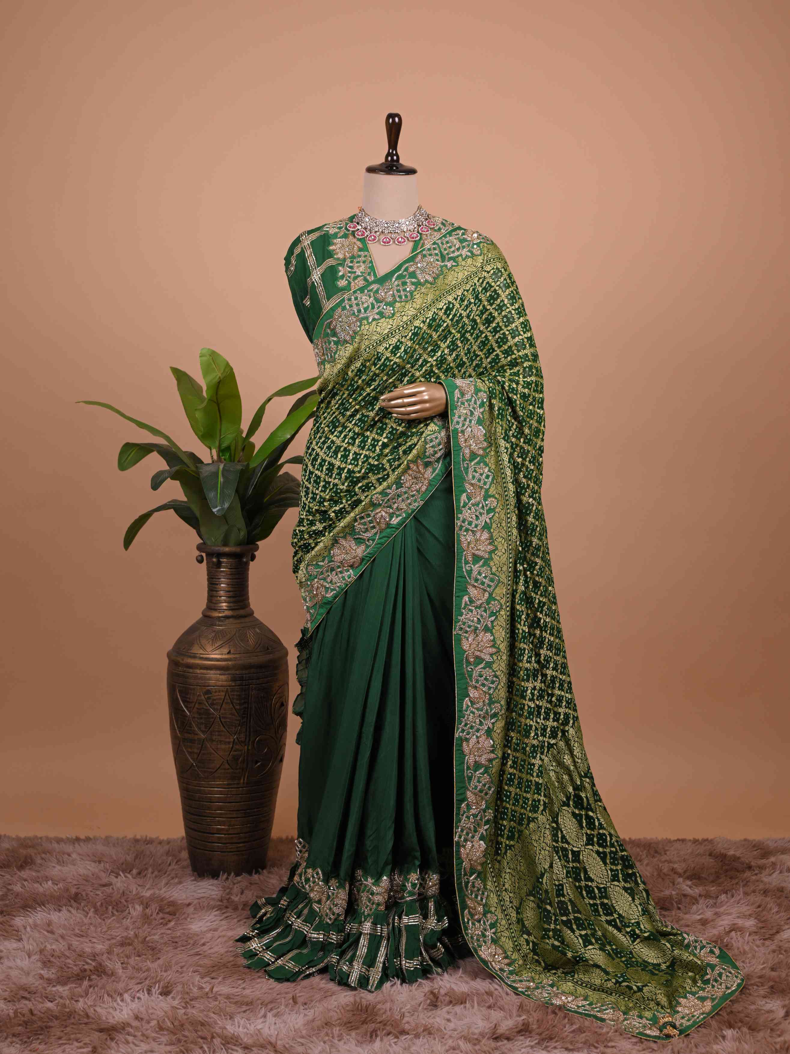Bottle Green Banarasi Style Woven Saree with Heavy Gold Zari Work