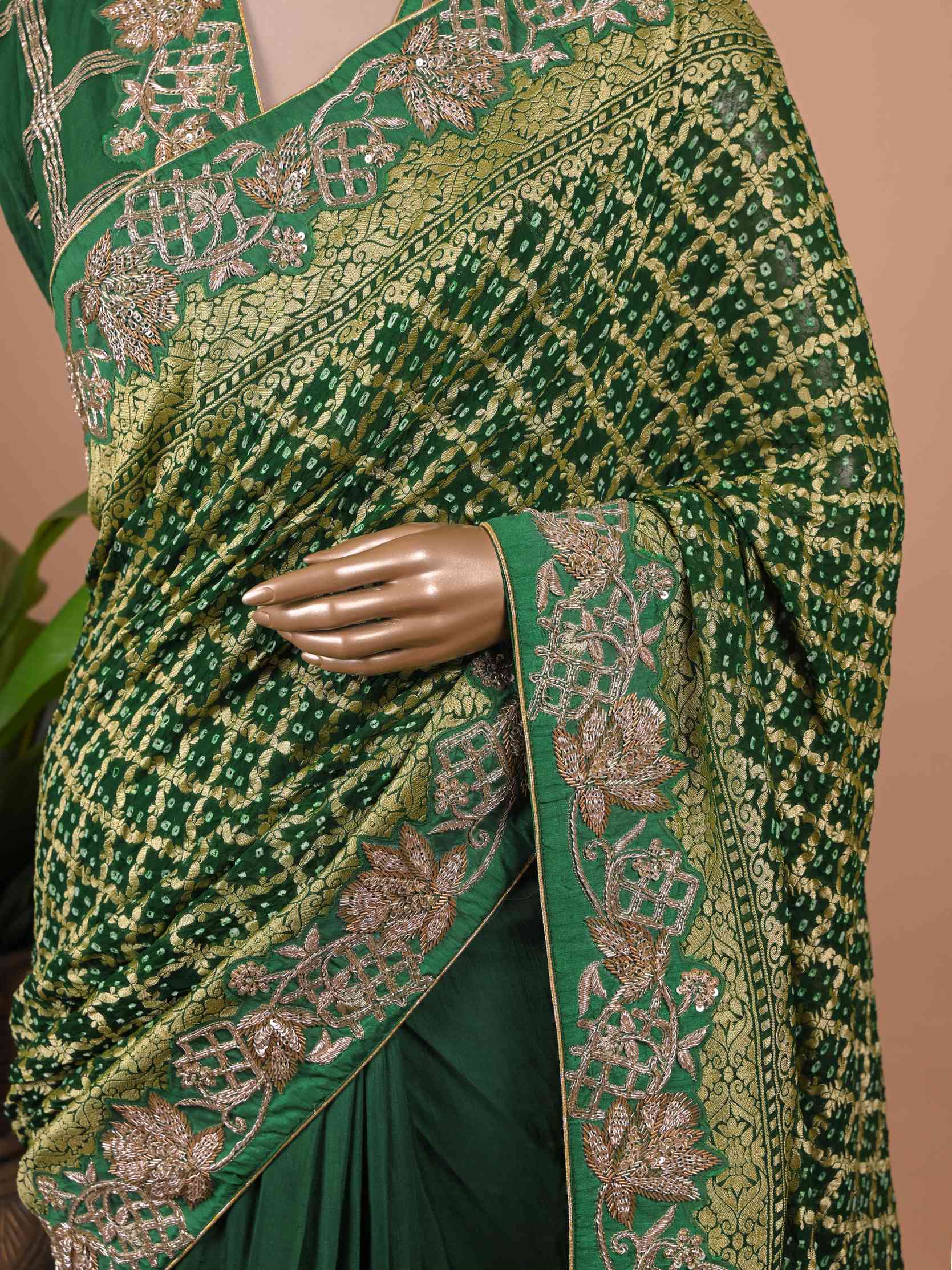 Bottle Green Banarasi Style Woven Saree with Heavy Gold Zari Work