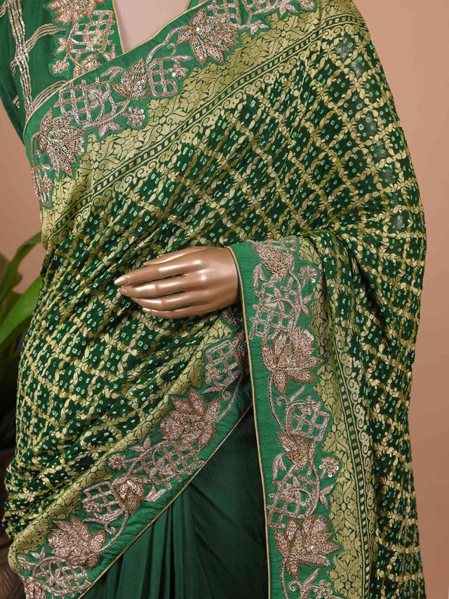 Bottle Green Banarasi Style Woven Saree with Heavy Gold Zari Work