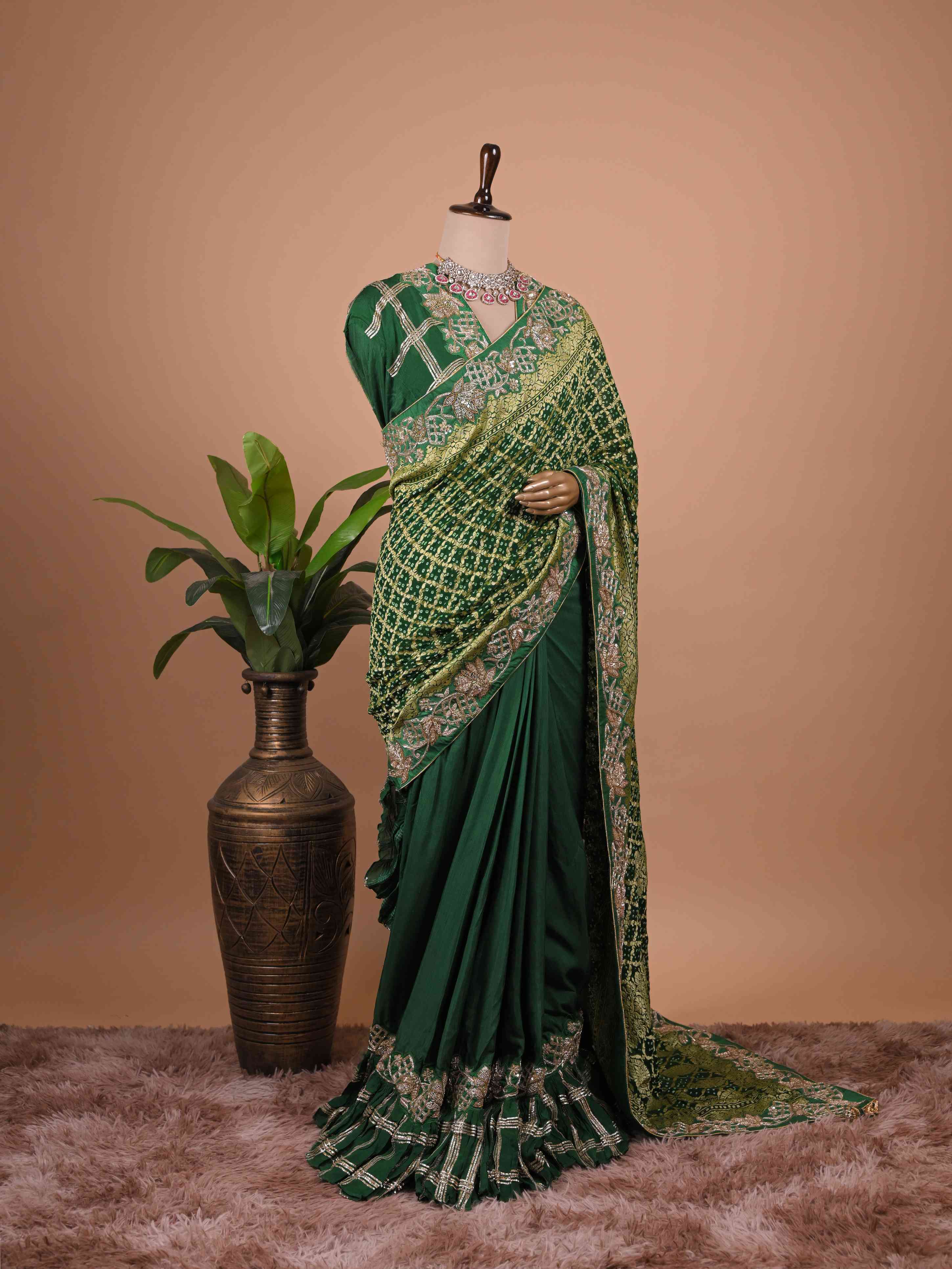 Bottle Green Banarasi Style Woven Saree with Heavy Gold Zari Work