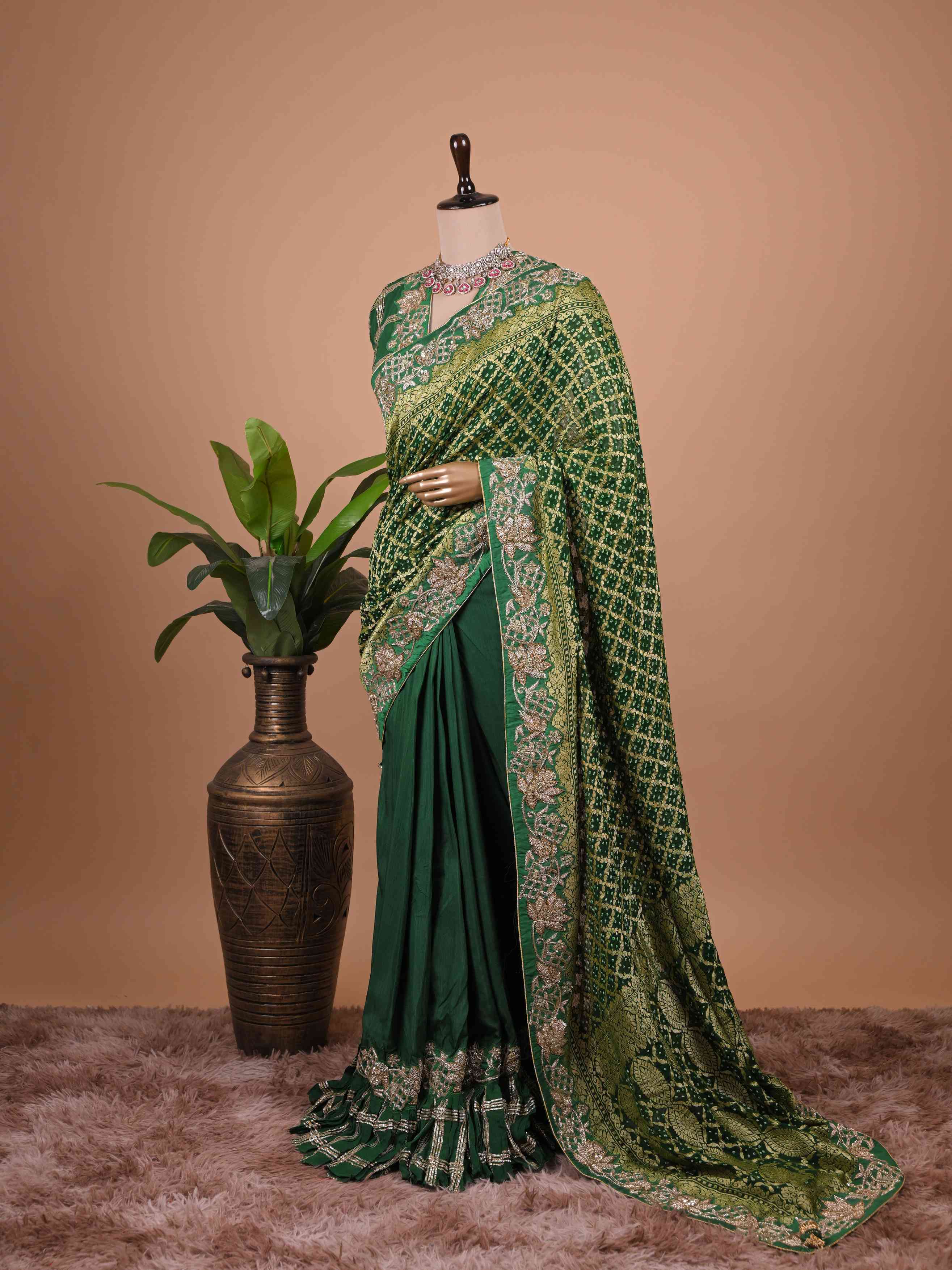 Bottle Green Banarasi Style Woven Saree with Heavy Gold Zari Work
