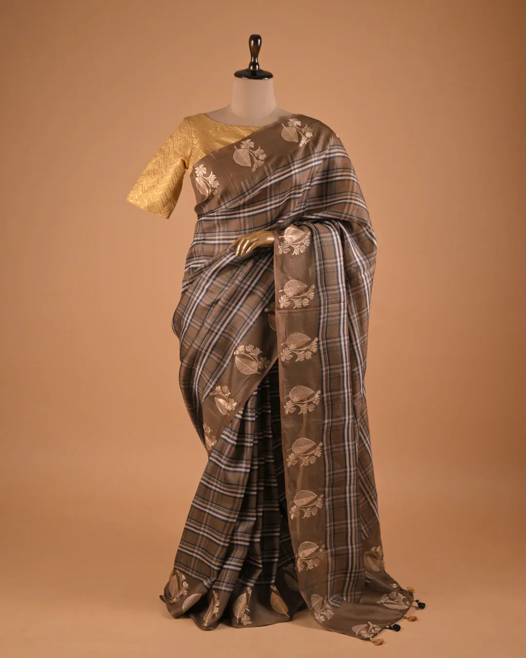 Brown Checkered Designer Saree with Zari Motifs