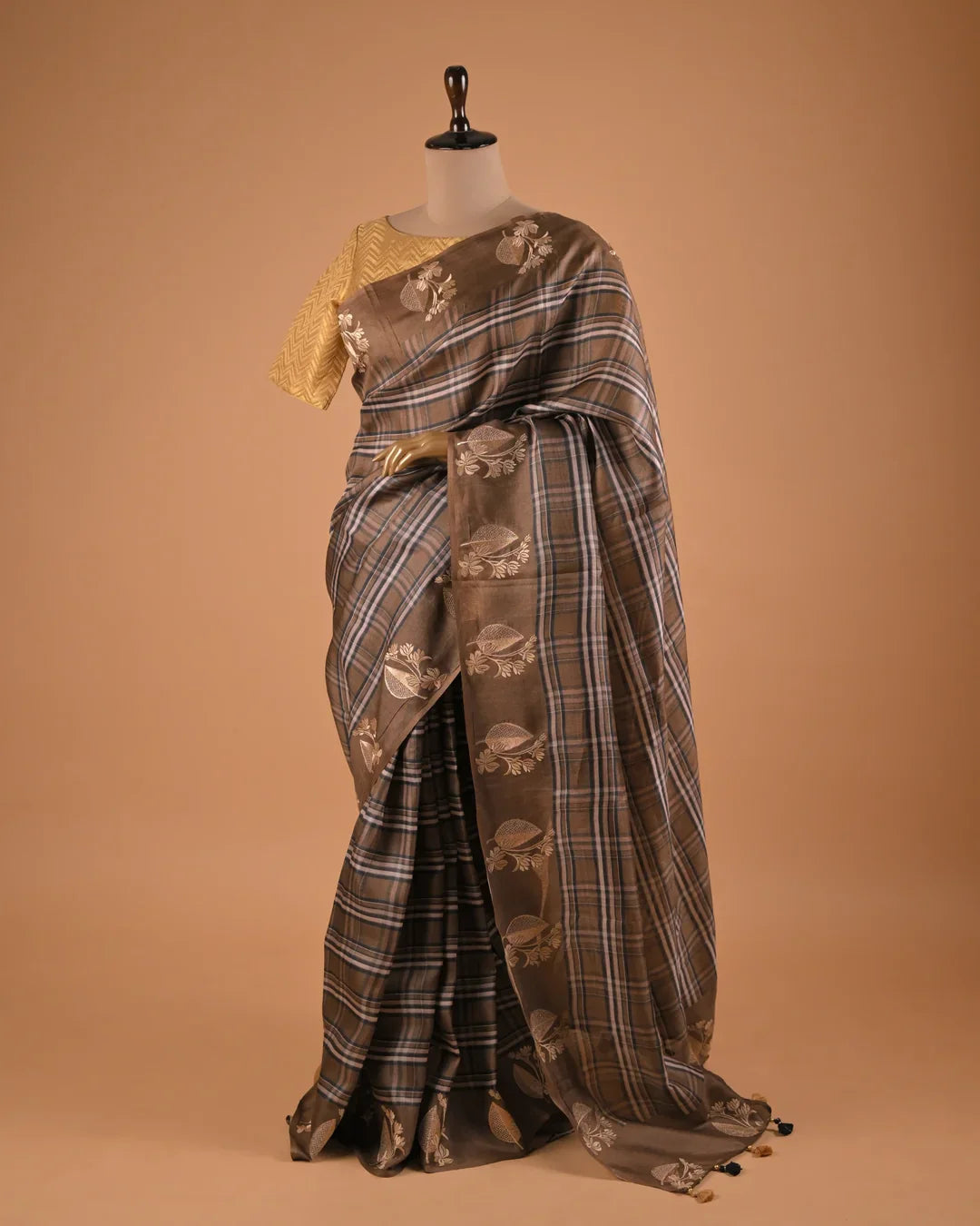 Brown Checkered Designer Saree with Zari Motifs