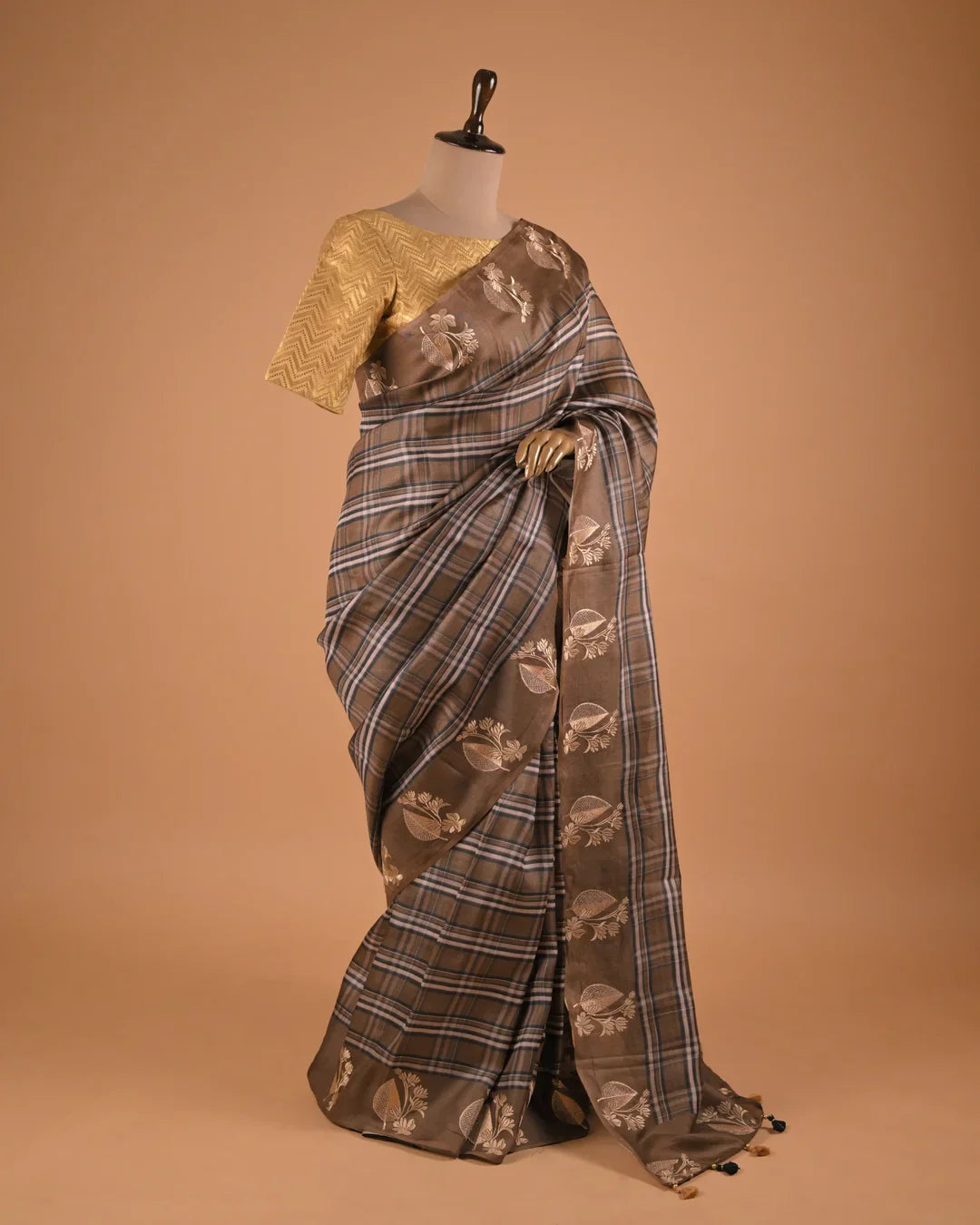 Brown Checkered Designer Saree with Zari Motifs