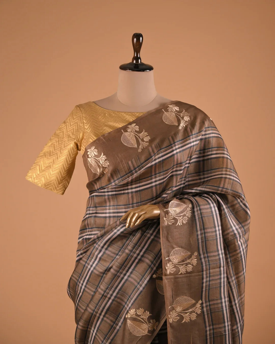 Brown Checkered Designer Saree with Zari Motifs