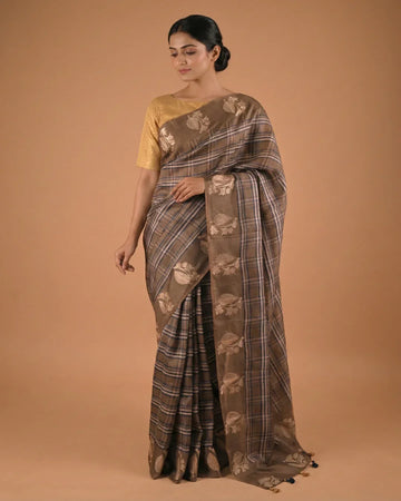 Brown Checkered Designer Saree with Zari Motifs