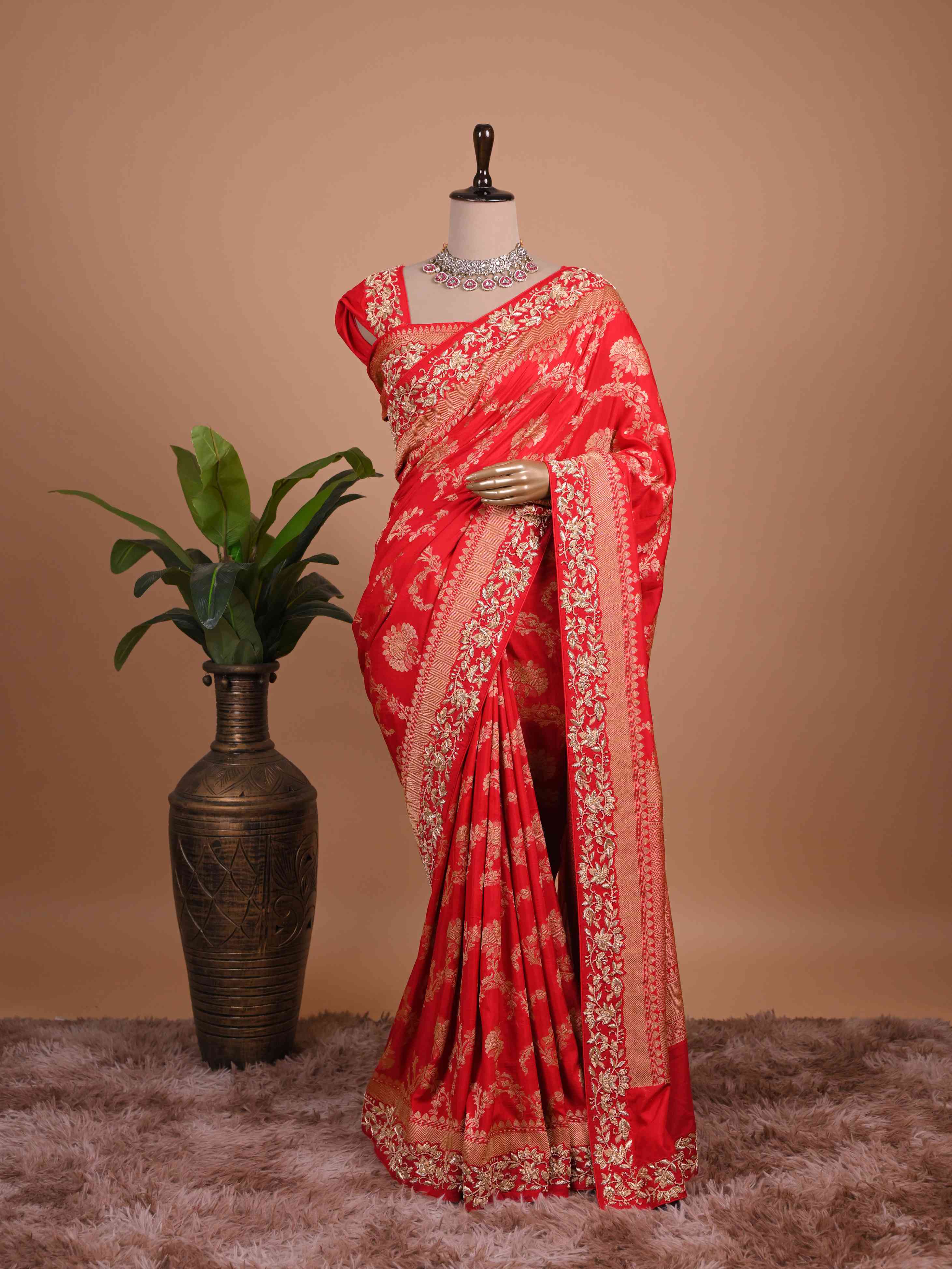 Classic Red Banarasi Style Woven Saree with Heavy Gold Zari Work – Bridal Wear