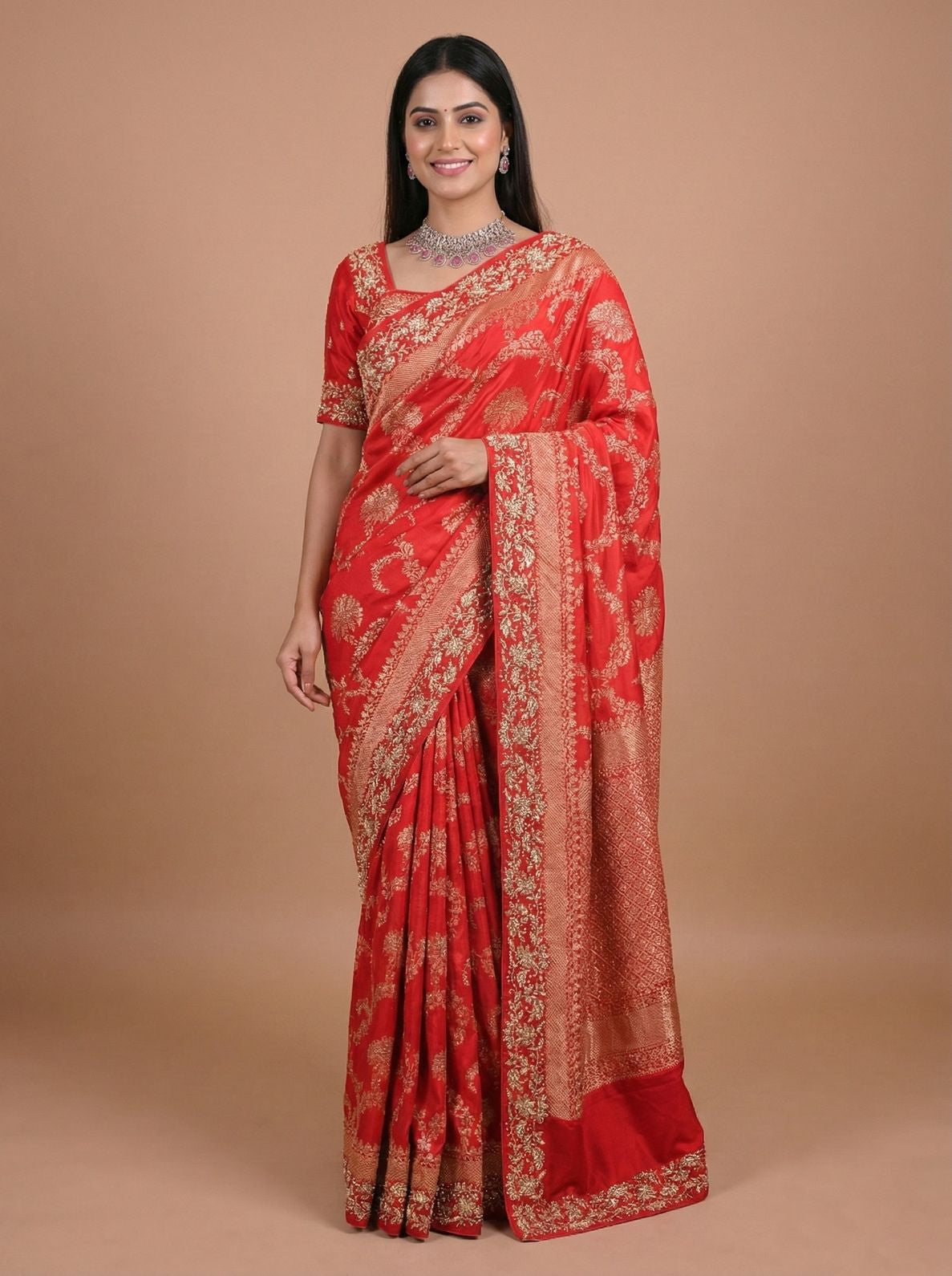 Classic Red Banarasi Style Woven Saree with Heavy Gold Zari Work – Bridal Wear