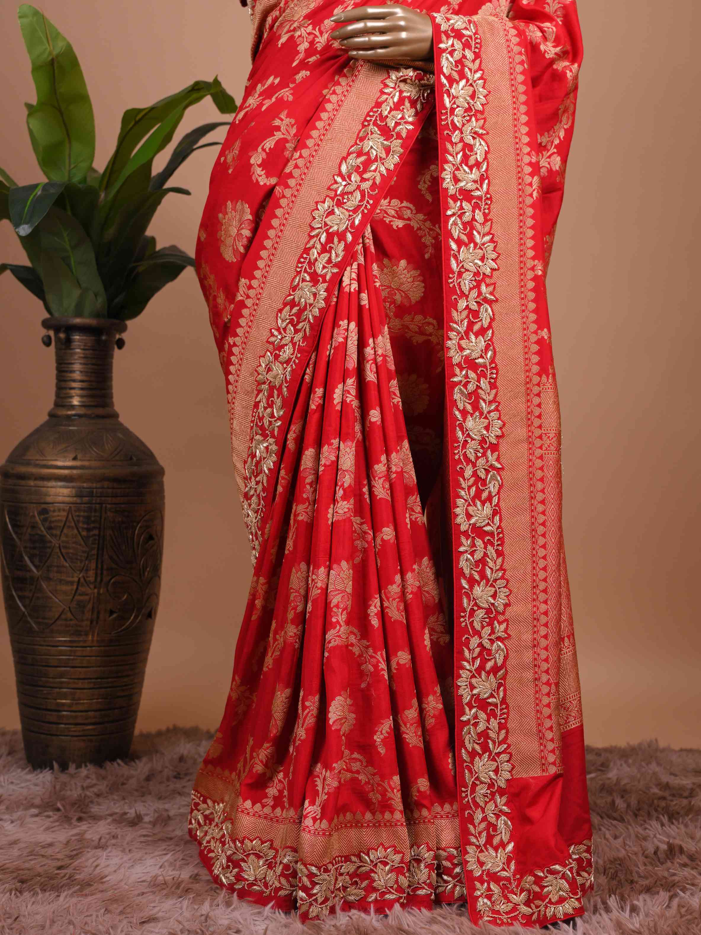 Classic Red Banarasi Style Woven Saree with Heavy Gold Zari Work – Bridal Wear