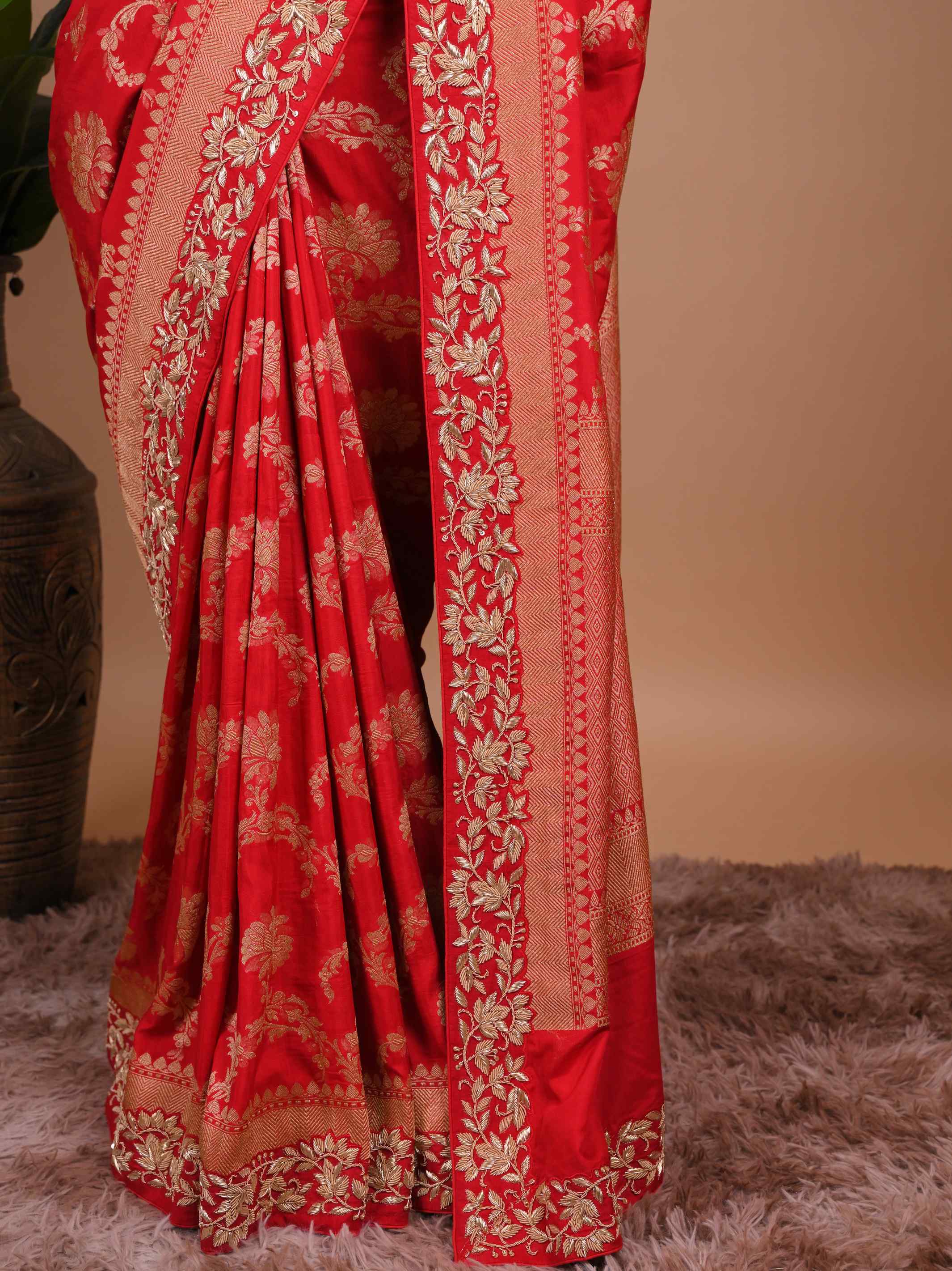 Classic Red Banarasi Style Woven Saree with Heavy Gold Zari Work – Bridal Wear