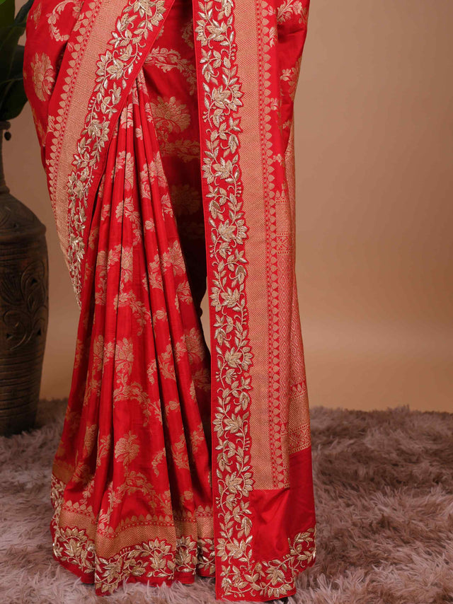 Classic Red Banarasi Style Woven Saree with Heavy Gold Zari Work – Bridal Wear