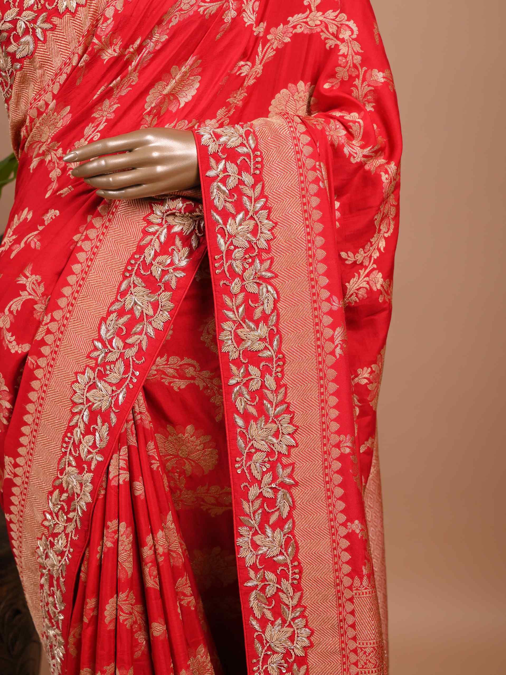 Classic Red Banarasi Style Woven Saree with Heavy Gold Zari Work – Bridal Wear