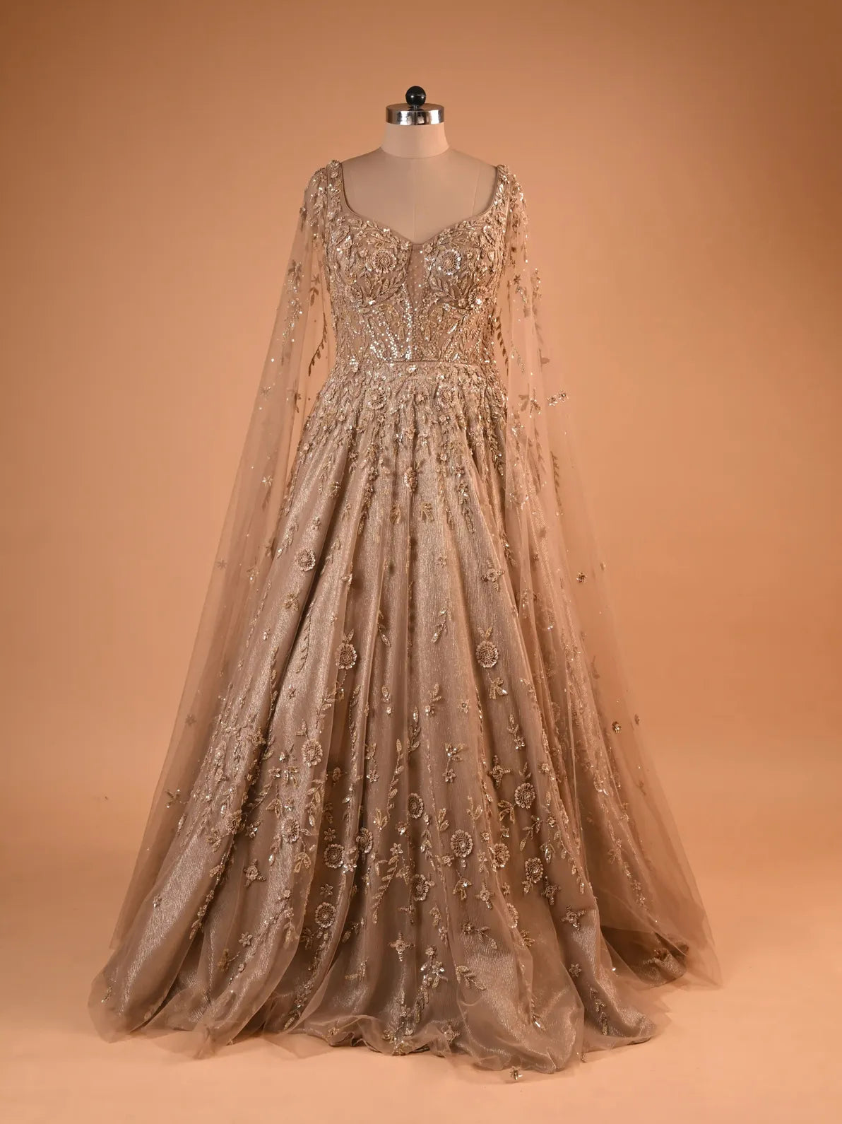 Golden Beige Cape Sleeve Embroidered Gown