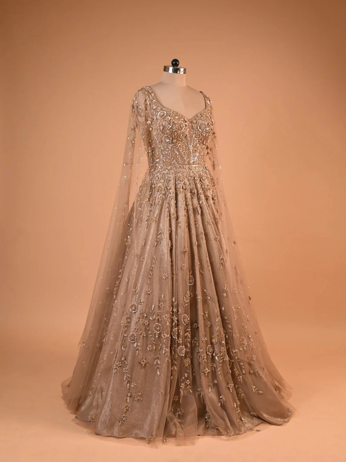 Golden Beige Cape Sleeve Embroidered Gown