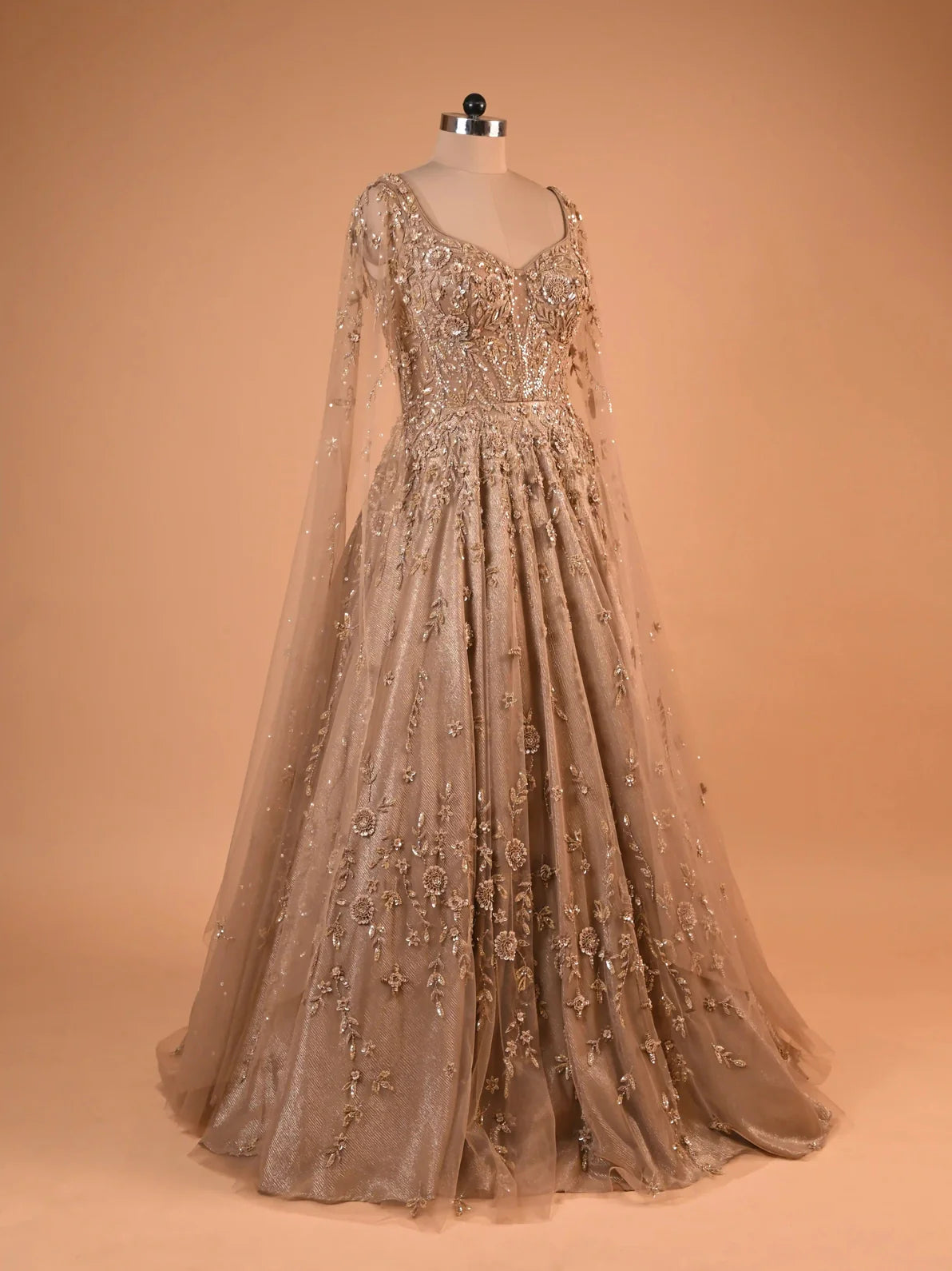 Golden Beige Cape Sleeve Embroidered Gown
