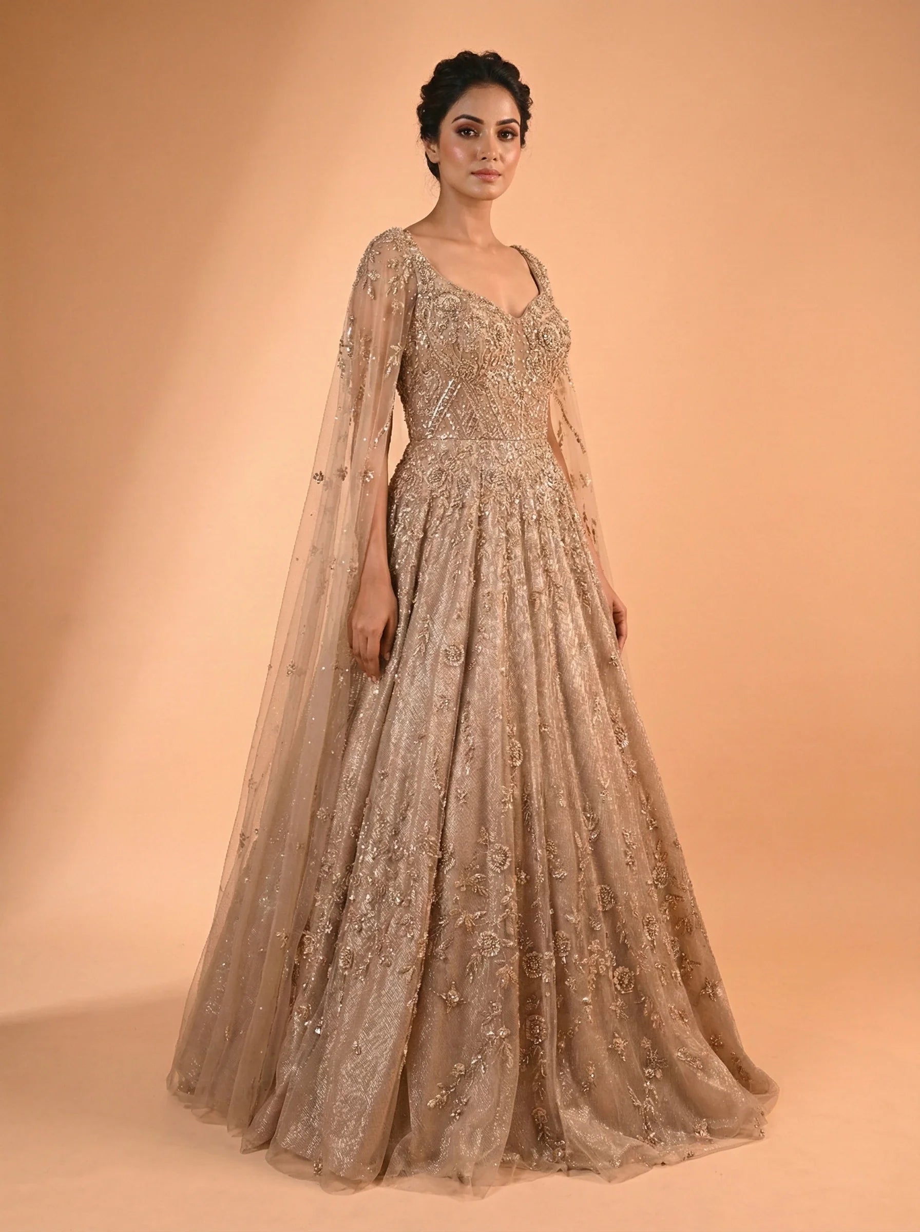 Golden Beige Cape Sleeve Embroidered Gown