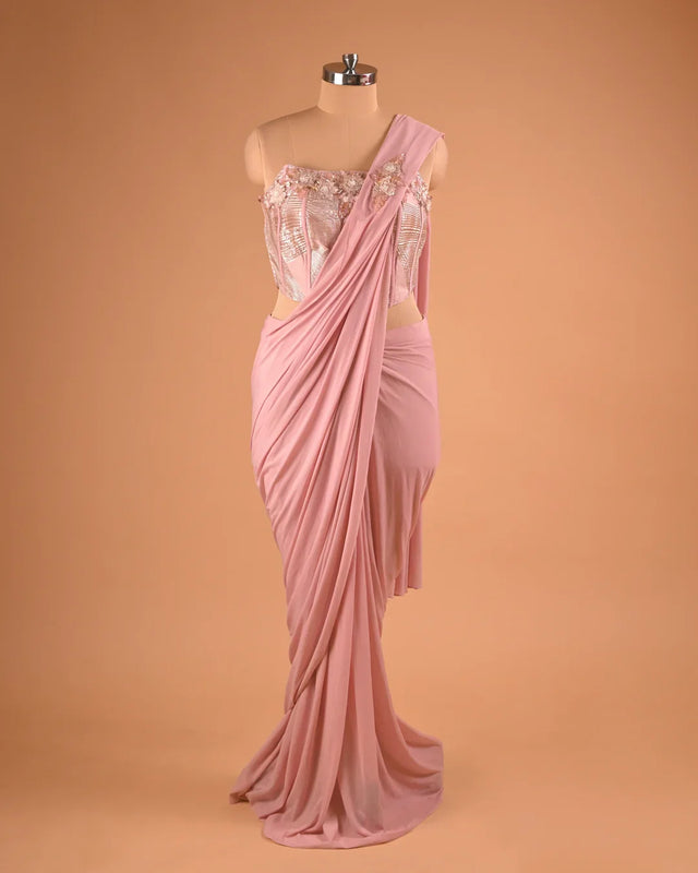 Pastel Pink One-Shoulder Designer Saree for Cocktail Parties