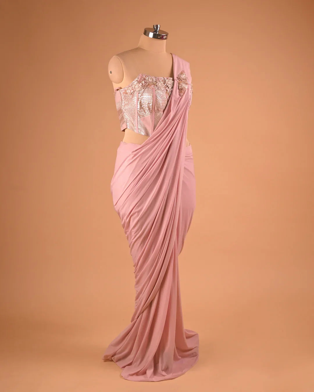 Pastel Pink One-Shoulder Designer Saree for Cocktail Parties