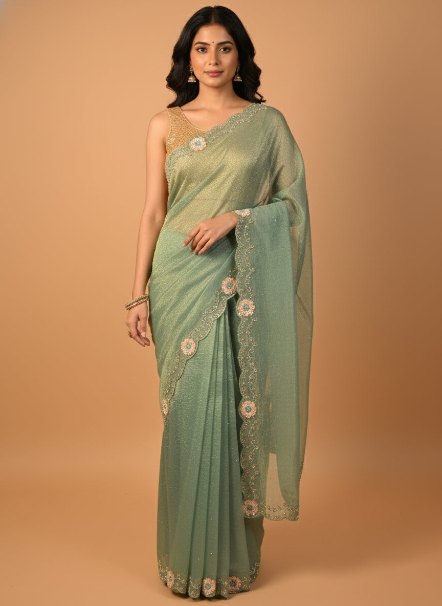 Green Saree with Zarkan Embellishment