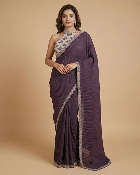Plum Pleated Designer Saree with Halter Neck Embellished Blouse