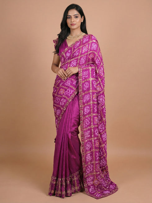 Purple Bandhani Printed Silk Saree with Zari Border for Festive & Wedding Wear