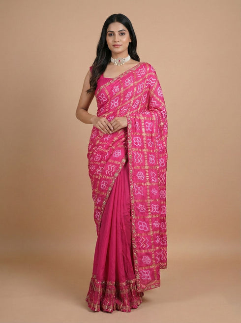 Rani Pink Bandhani Printed Saree with Gold Zari Border – Festive Wear