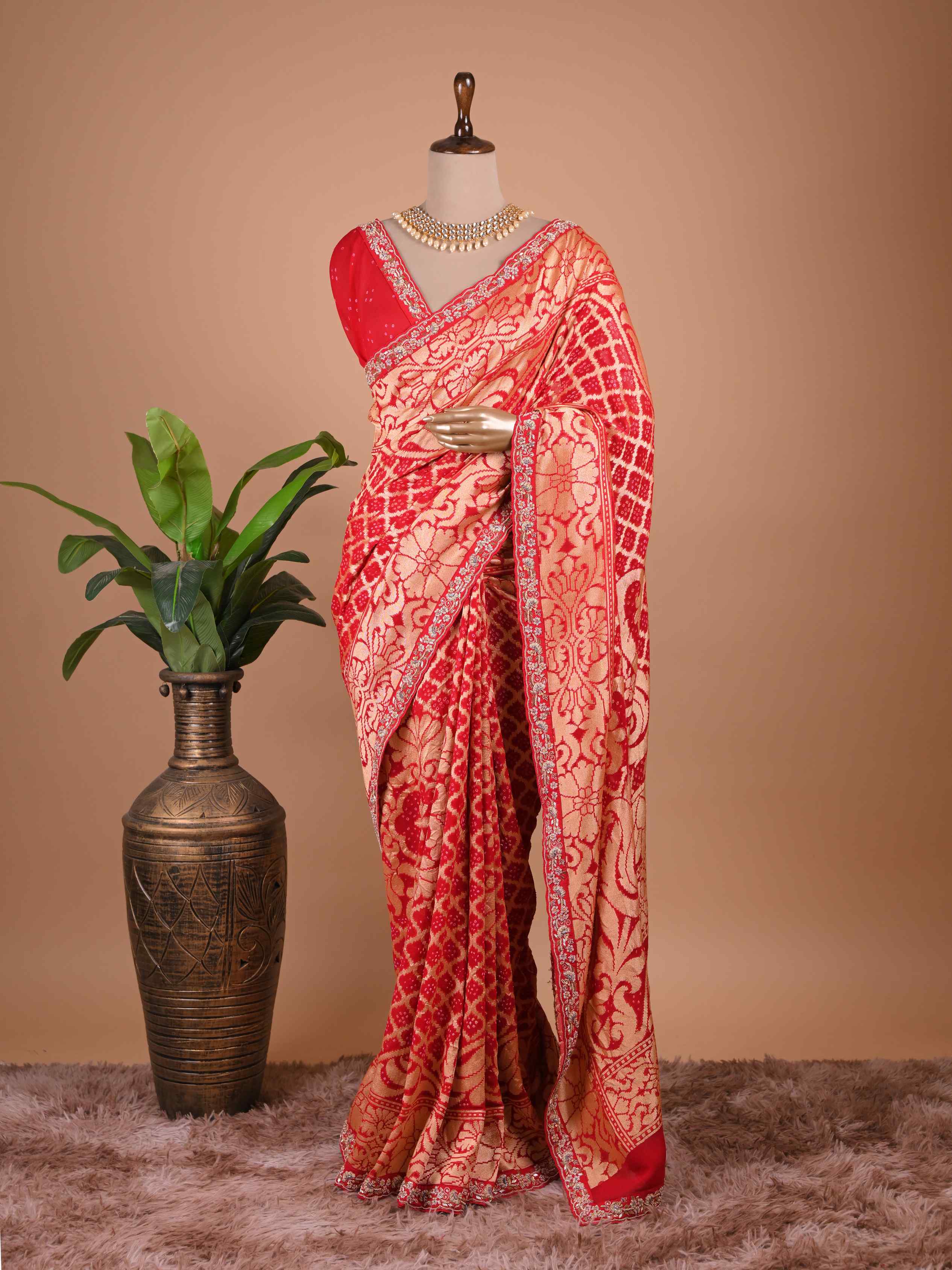 Red Banarasi Style Silk Saree with Heavy Gold Zari Work – Wedding Wear