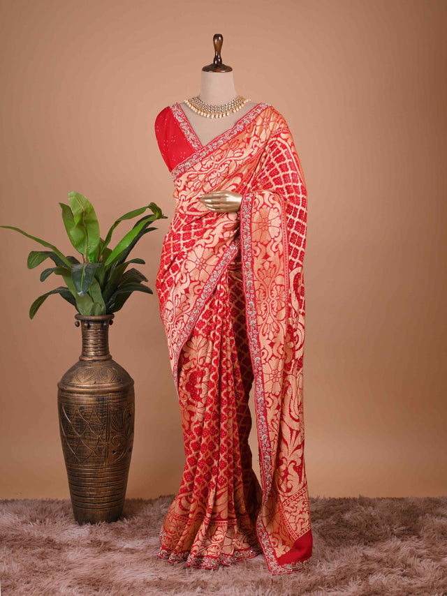 Red Banarasi Style Silk Saree with Heavy Gold Zari Work – Wedding Wear