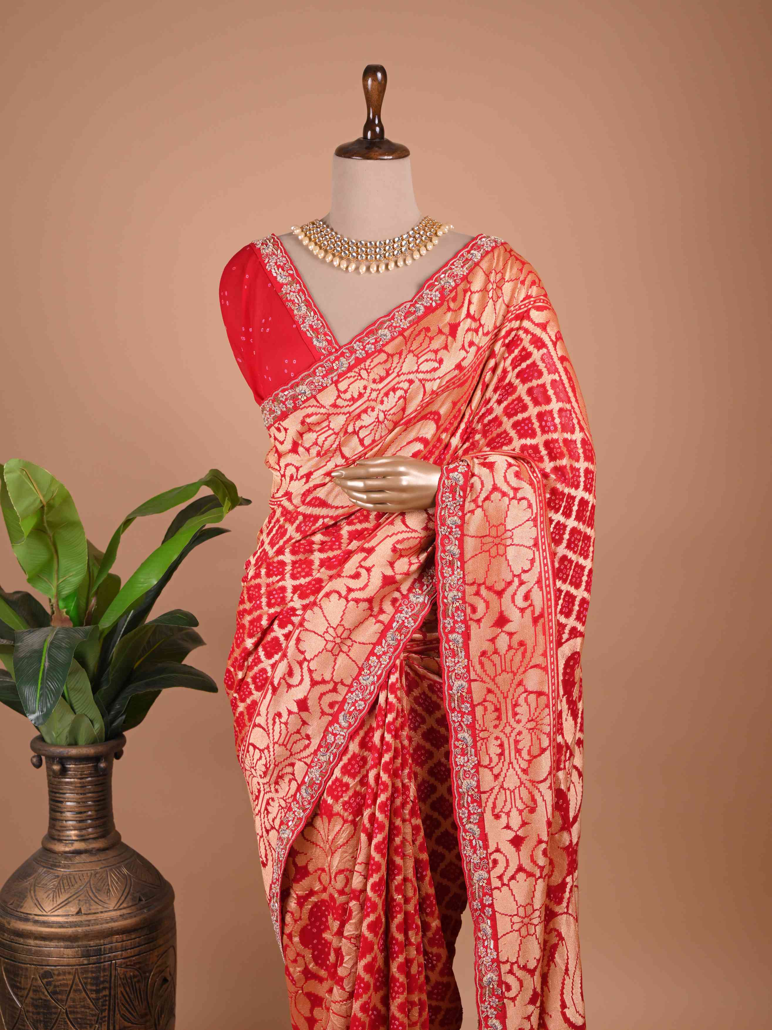 Red Banarasi Style Silk Saree with Heavy Gold Zari Work – Wedding Wear