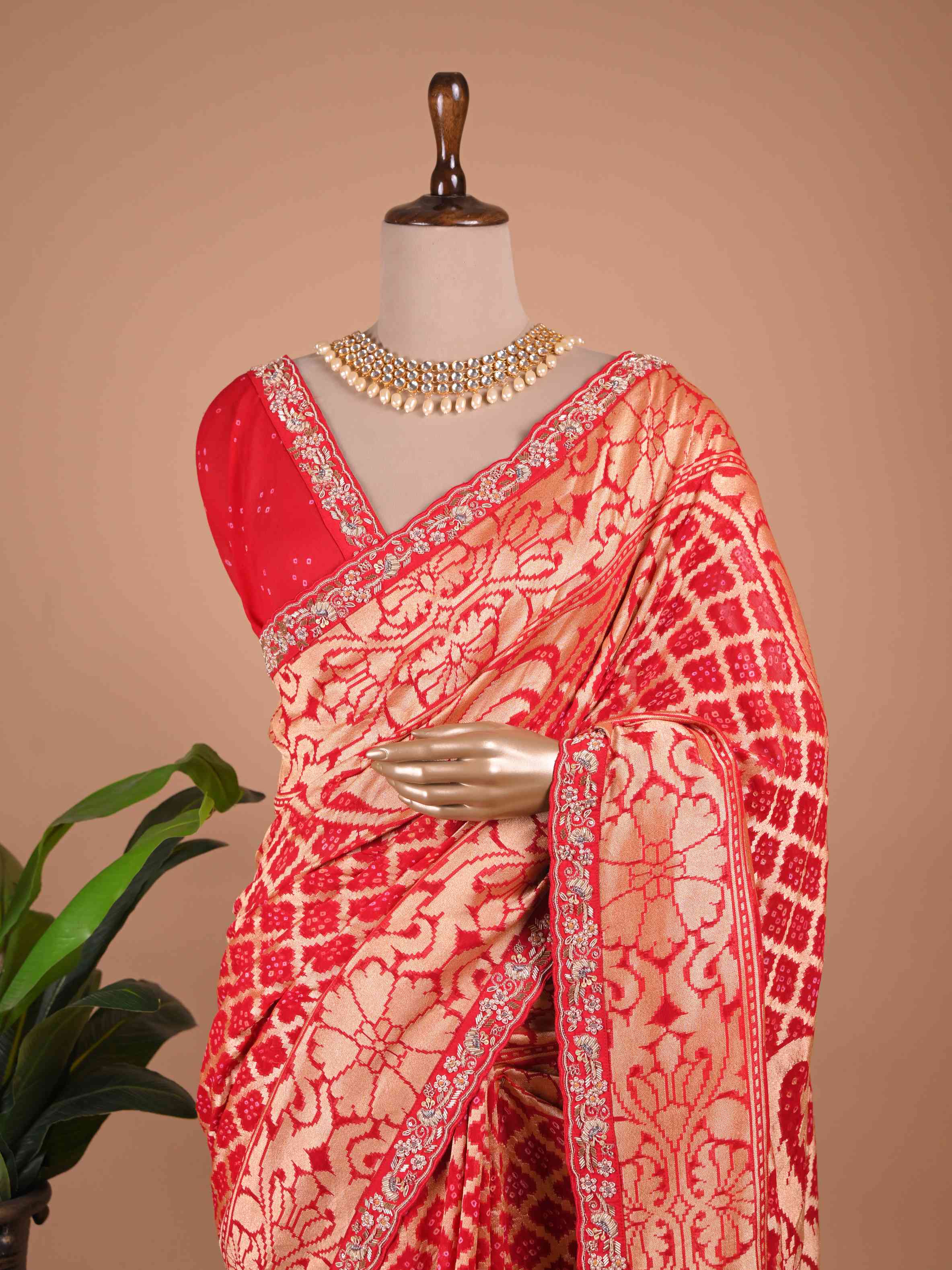 Red Banarasi Style Silk Saree with Heavy Gold Zari Work – Wedding Wear