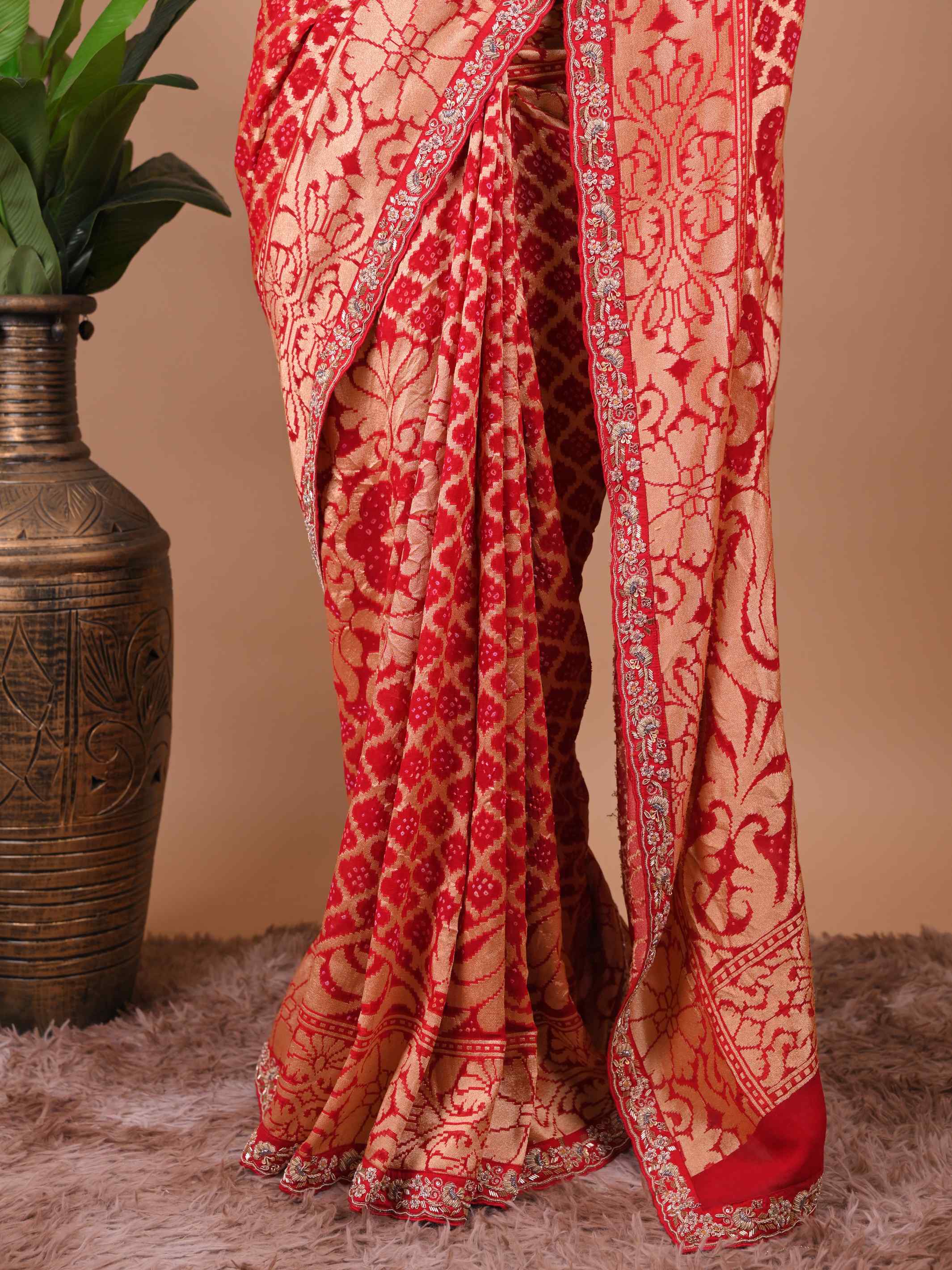 Red Banarasi Style Silk Saree with Heavy Gold Zari Work – Wedding Wear