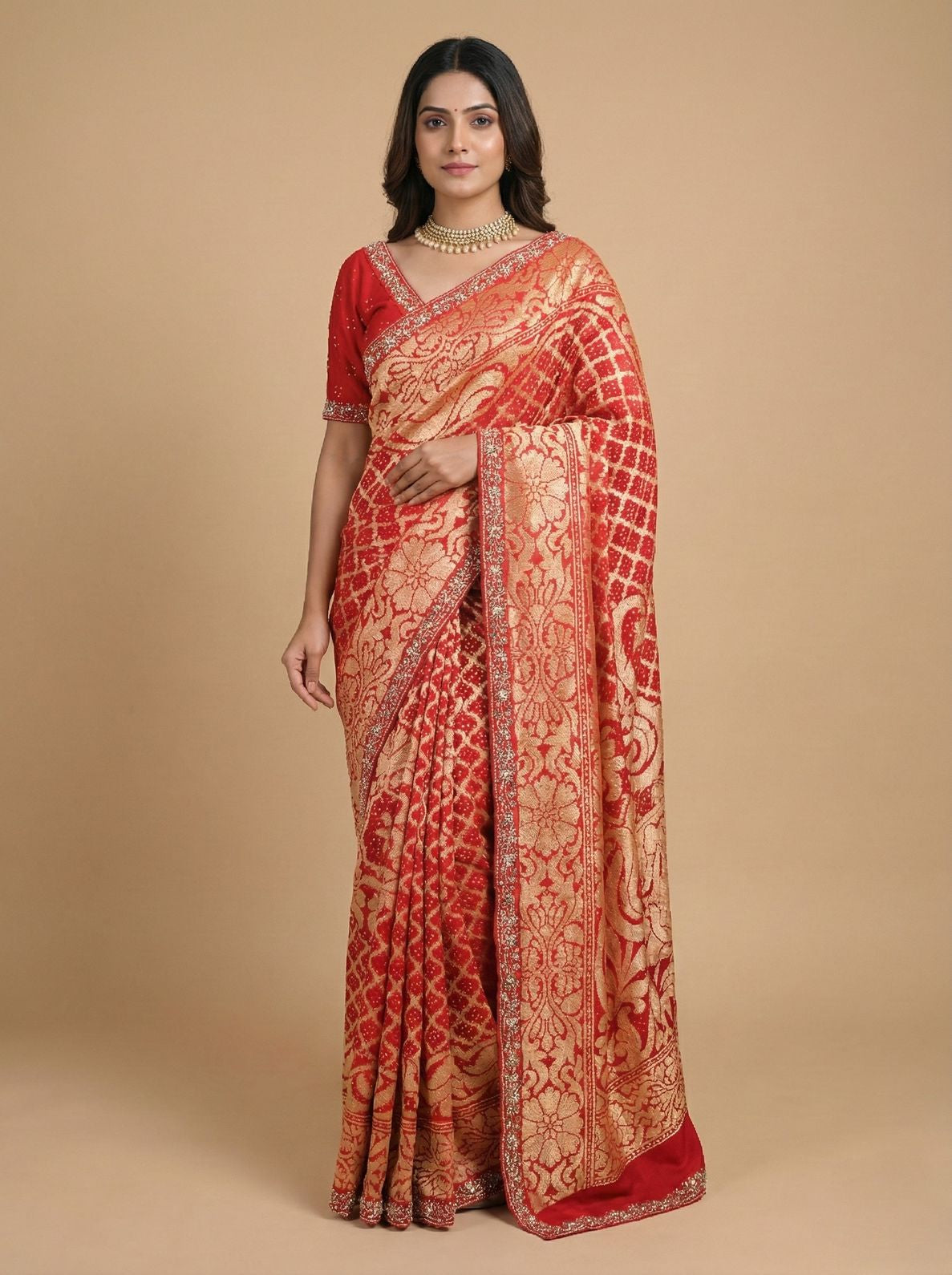 Red Banarasi Style Silk Saree with Heavy Gold Zari Work – Wedding Wear
