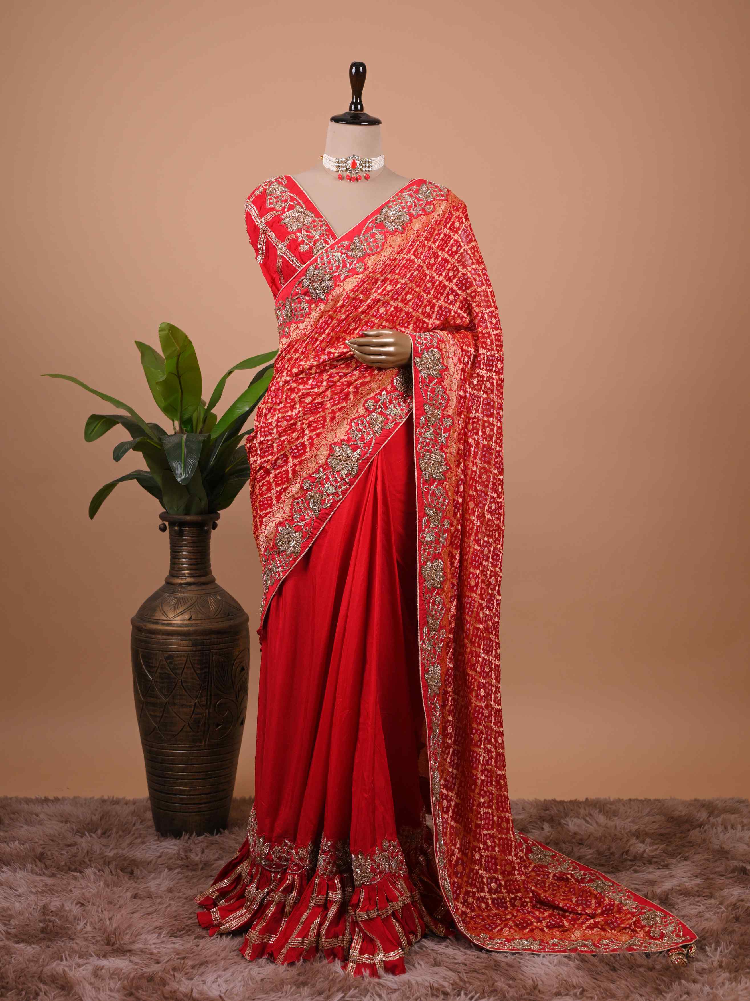 Red Bandhani Style Saree with Heavy Gold Zari Border – Bridal Wedding Wear