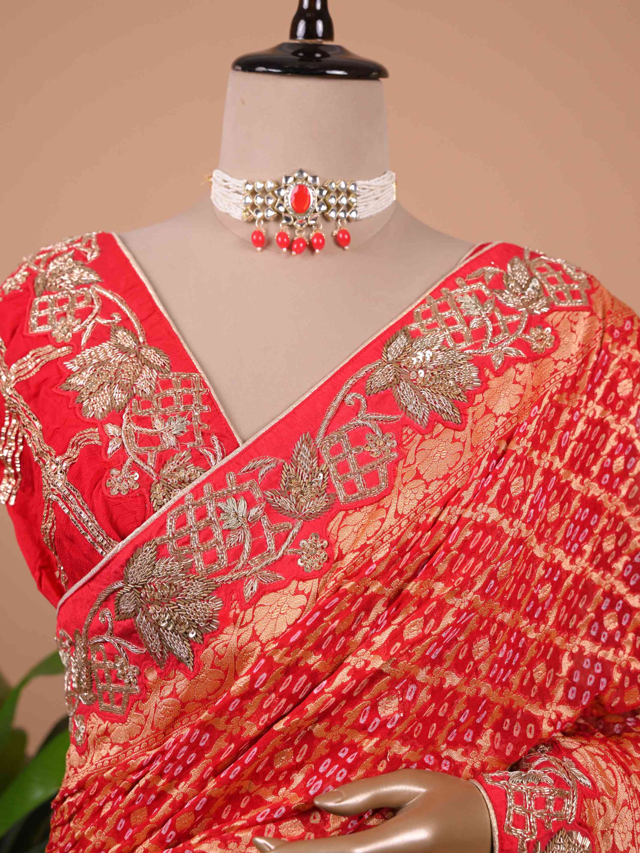 Red Bandhani Style Saree with Heavy Gold Zari Border – Bridal Wedding Wear