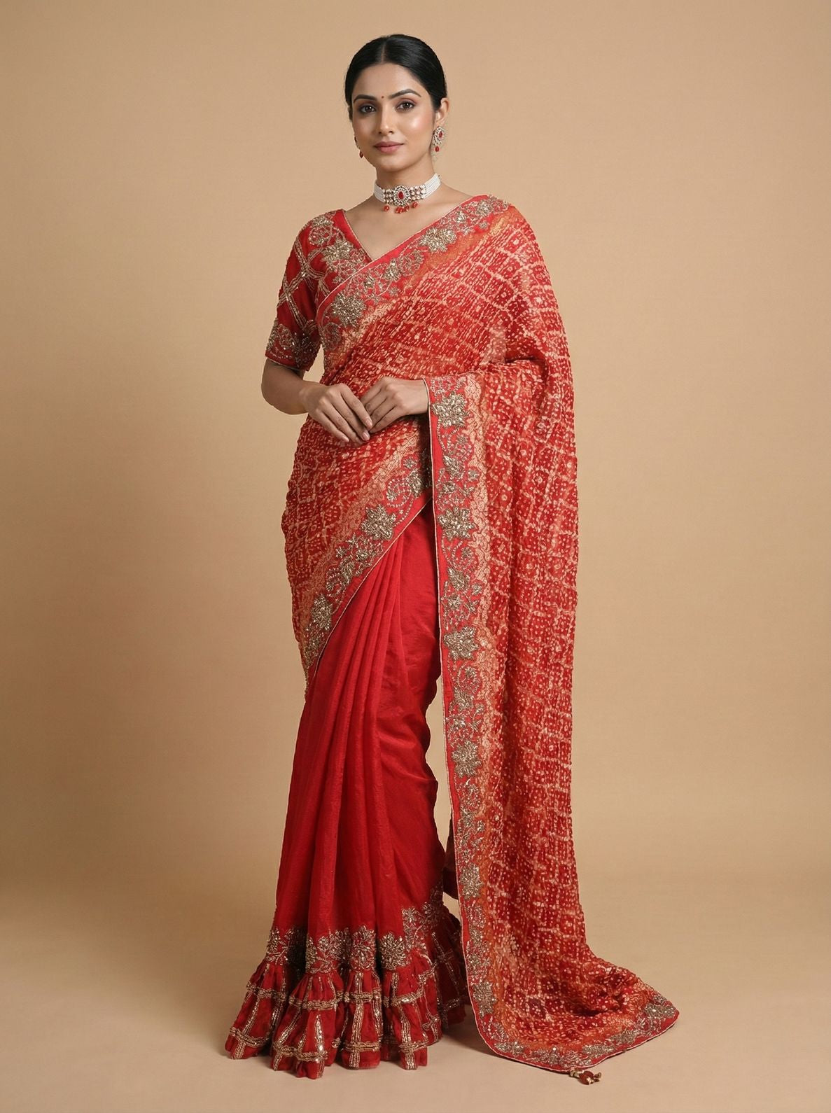 Red Bandhani Style Saree with Heavy Gold Zari Border – Bridal Wedding Wear