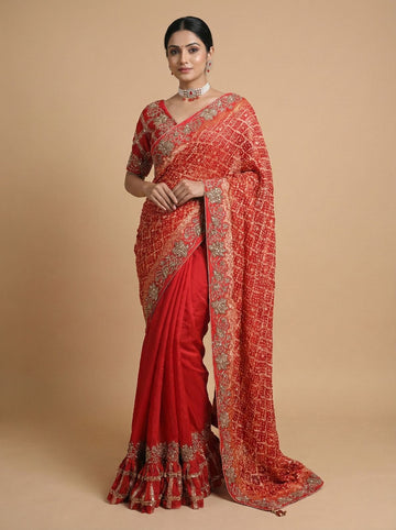 Red Bandhani Style Saree with Heavy Gold Zari Border – Bridal Wedding Wear