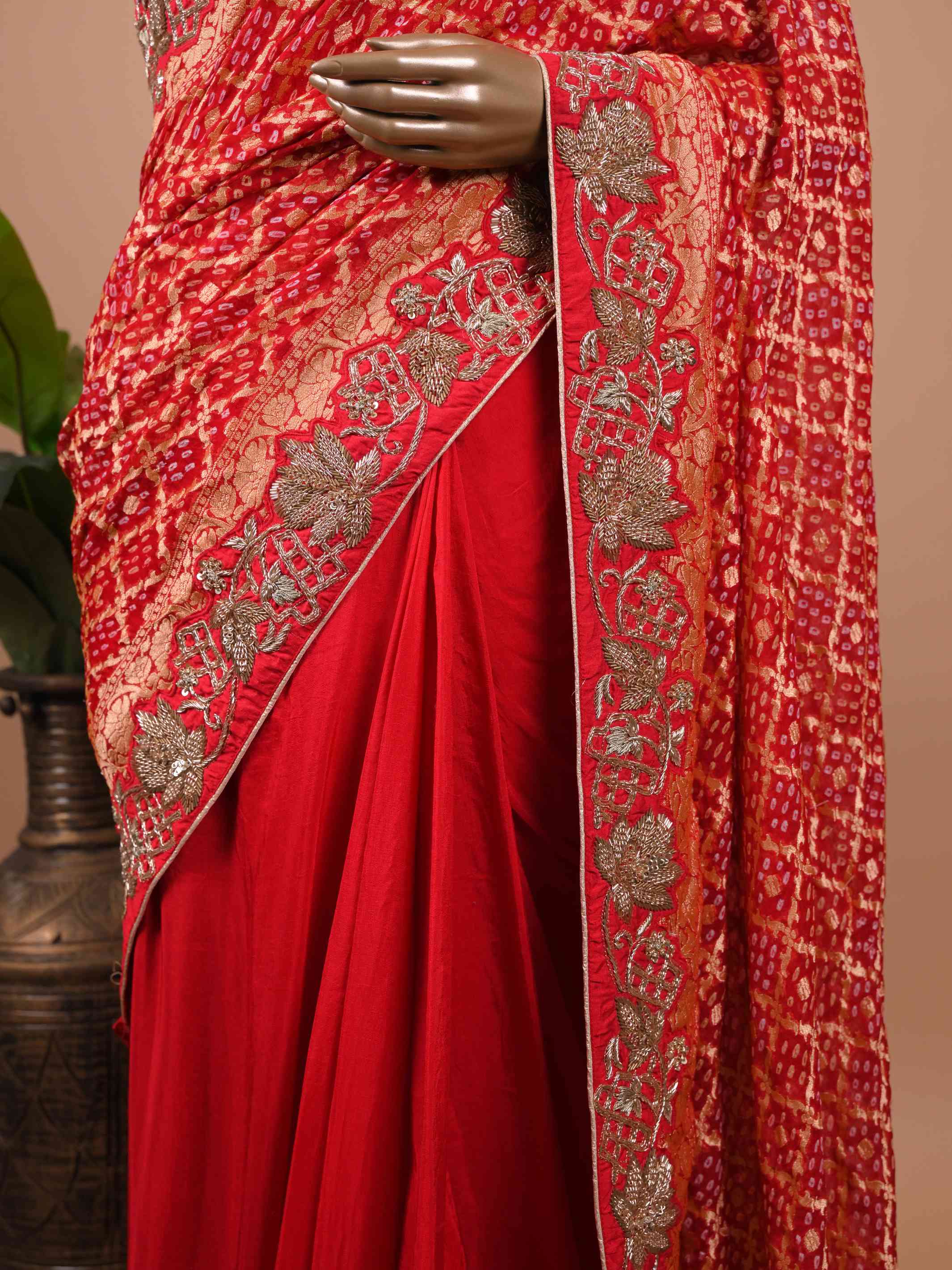 Red Bandhani Style Saree with Heavy Gold Zari Border – Bridal Wedding Wear
