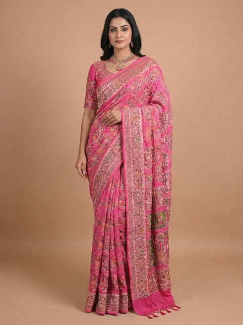 Rose Pink Banarasi Style Woven Saree with Intricate Floral Paisley Design