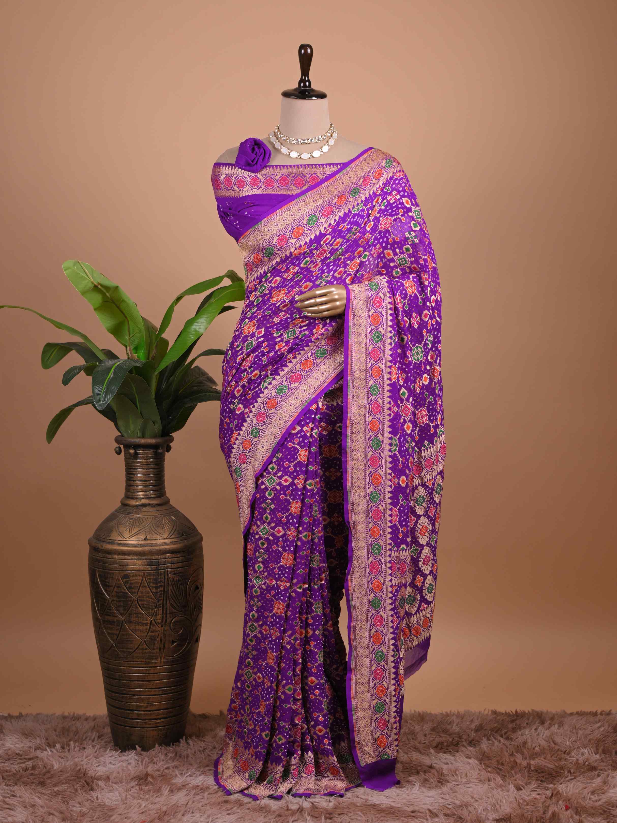 Royal Purple Banarasi Style Woven Saree with Multicolour Motifs & Zari Border
