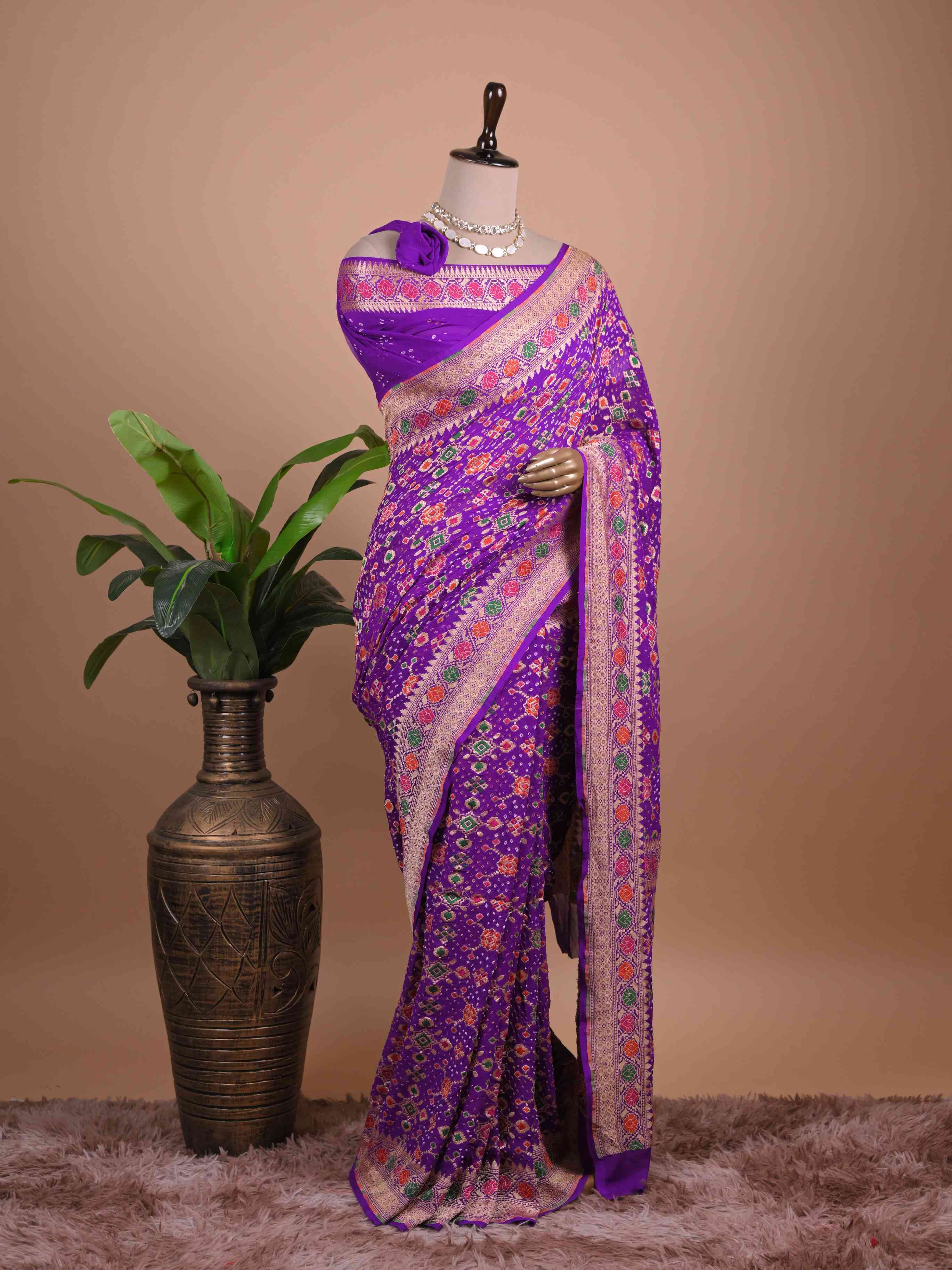 Royal Purple Banarasi Style Woven Saree with Multicolour Motifs & Zari Border