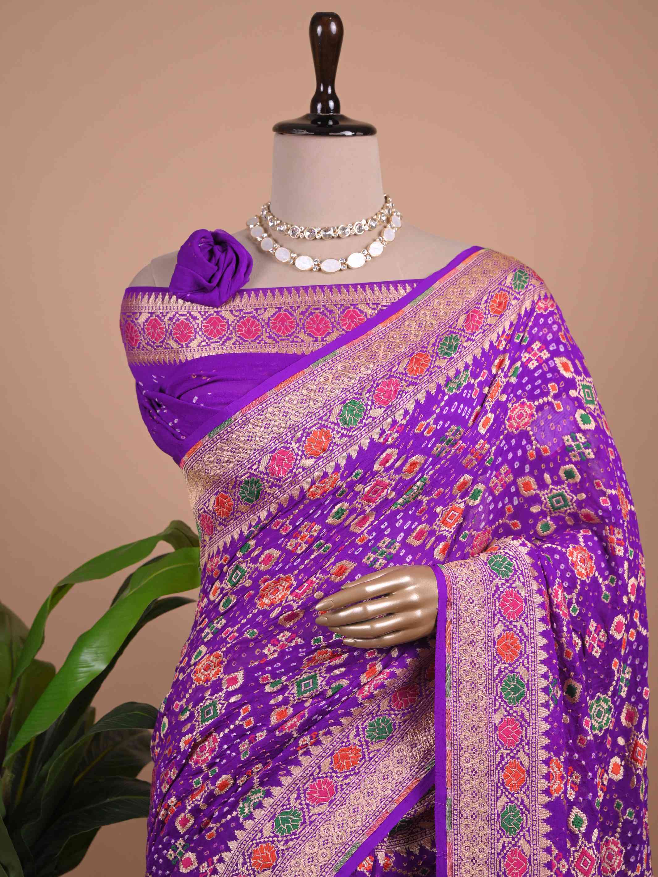Royal Purple Banarasi Style Woven Saree with Multicolour Motifs & Zari Border
