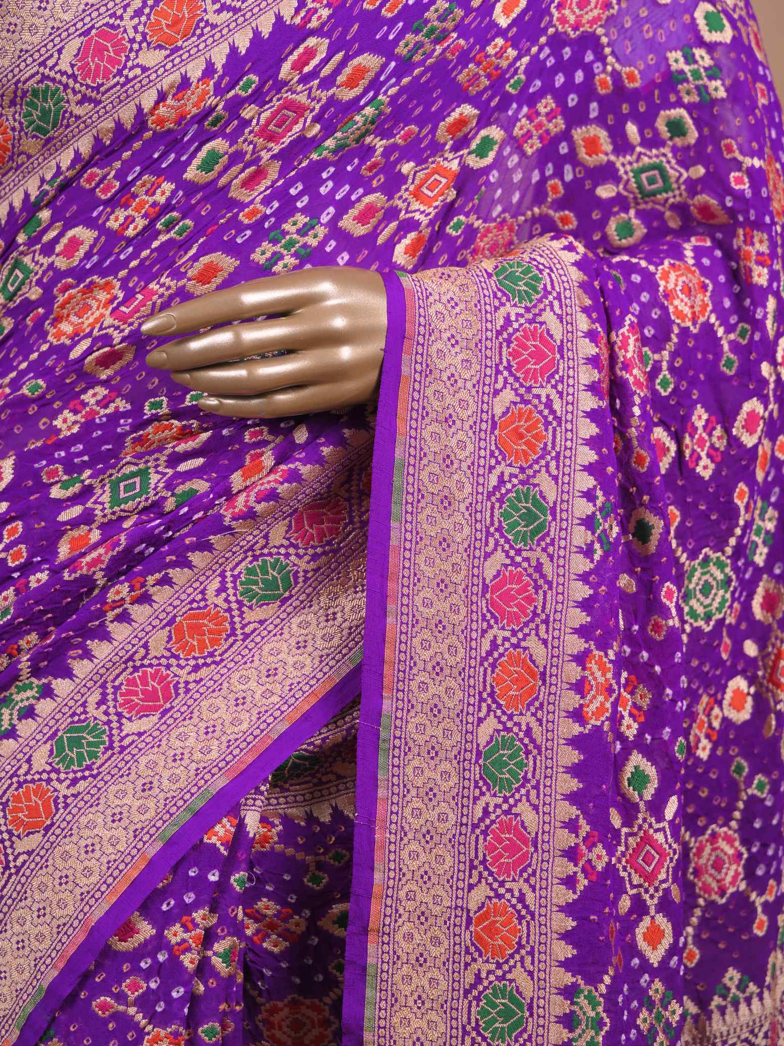 Royal Purple Banarasi Style Woven Saree with Multicolour Motifs & Zari Border