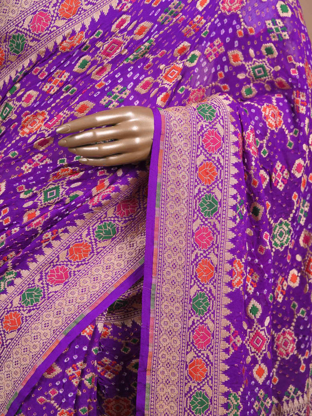 Royal Purple Banarasi Style Woven Saree with Multicolour Motifs & Zari Border