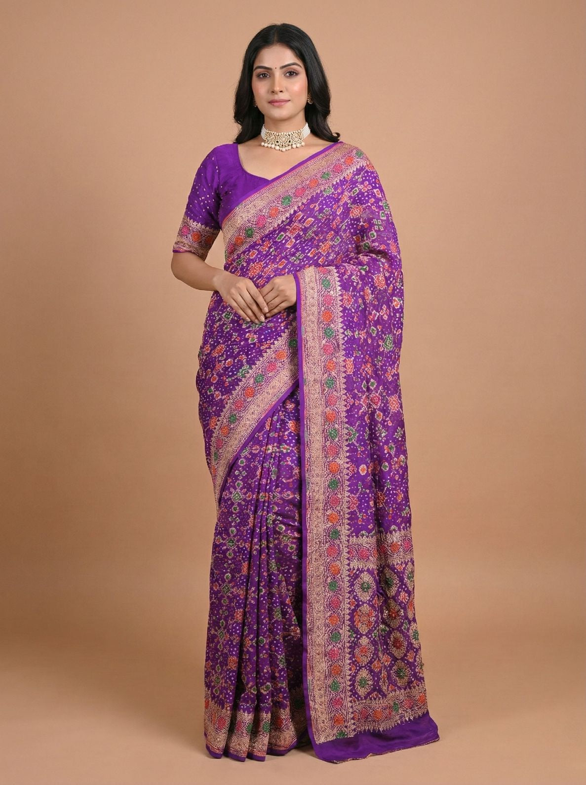 Royal Purple Banarasi Style Woven Saree with Multicolour Motifs & Zari Border