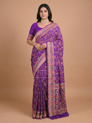 Royal Purple Banarasi Style Woven Saree with Multicolour Motifs & Zari Border