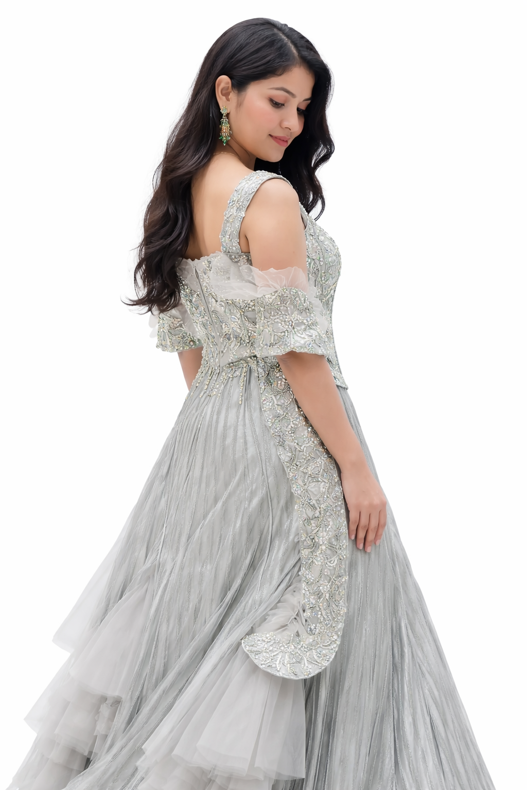 Sage Green Embroidered Designer Indo-Western Gown with Ruffle Dupatta – Elegant Party & Wedding Wear for Women