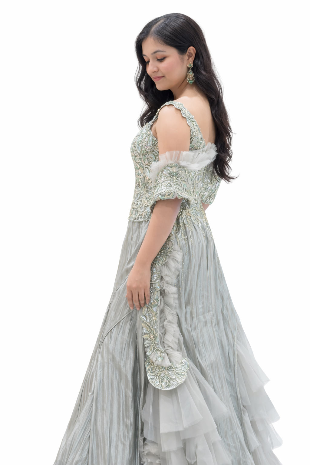 Sage Green Embroidered Designer Indo-Western Gown with Ruffle Dupatta – Elegant Party & Wedding Wear for Women